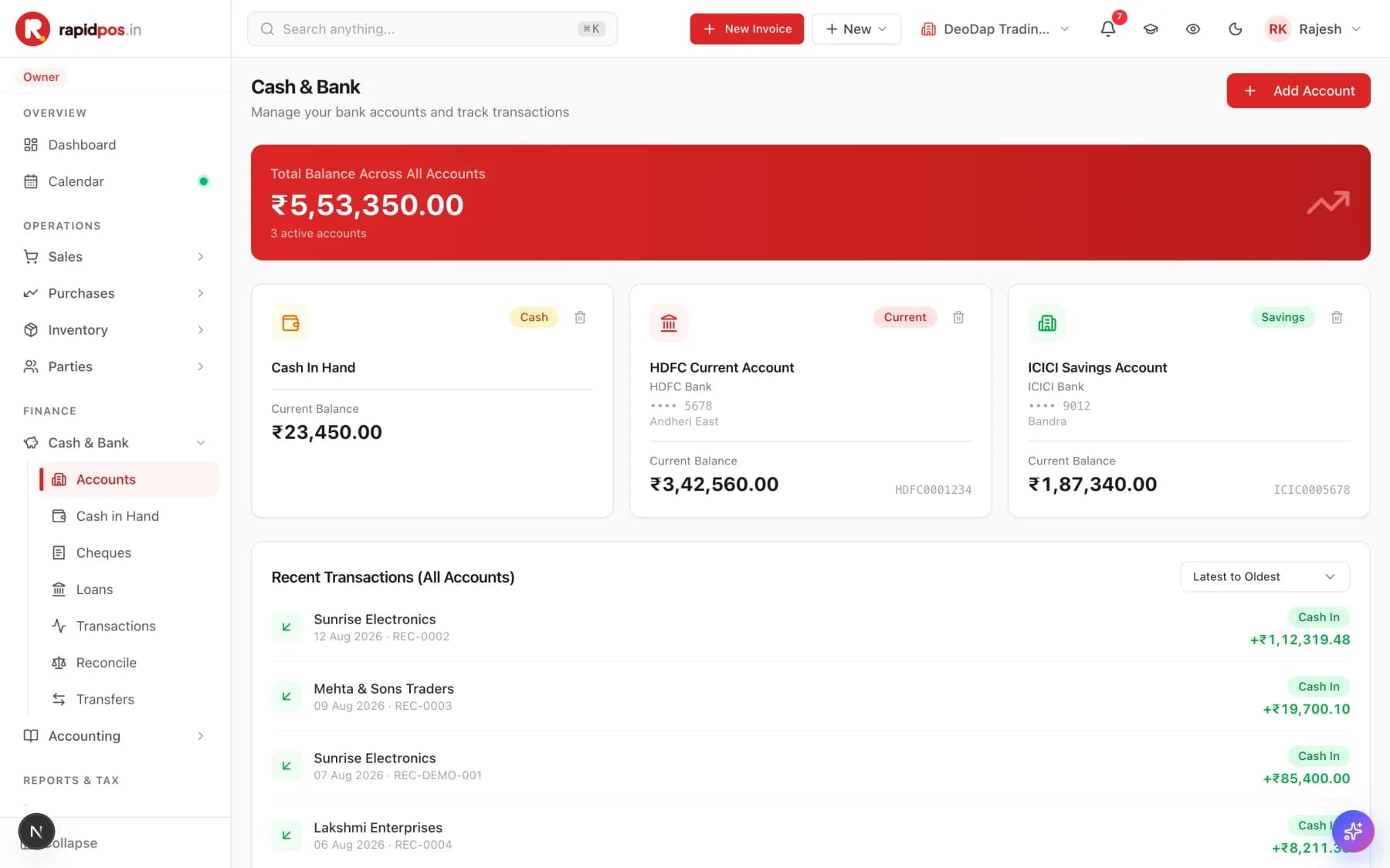 The Cash & Bank screen with a red banner showing Total Balance Across All Accounts, three account cards for Cash In Hand, an HDFC current account and an ICICI savings account, and a Recent Transactions list.