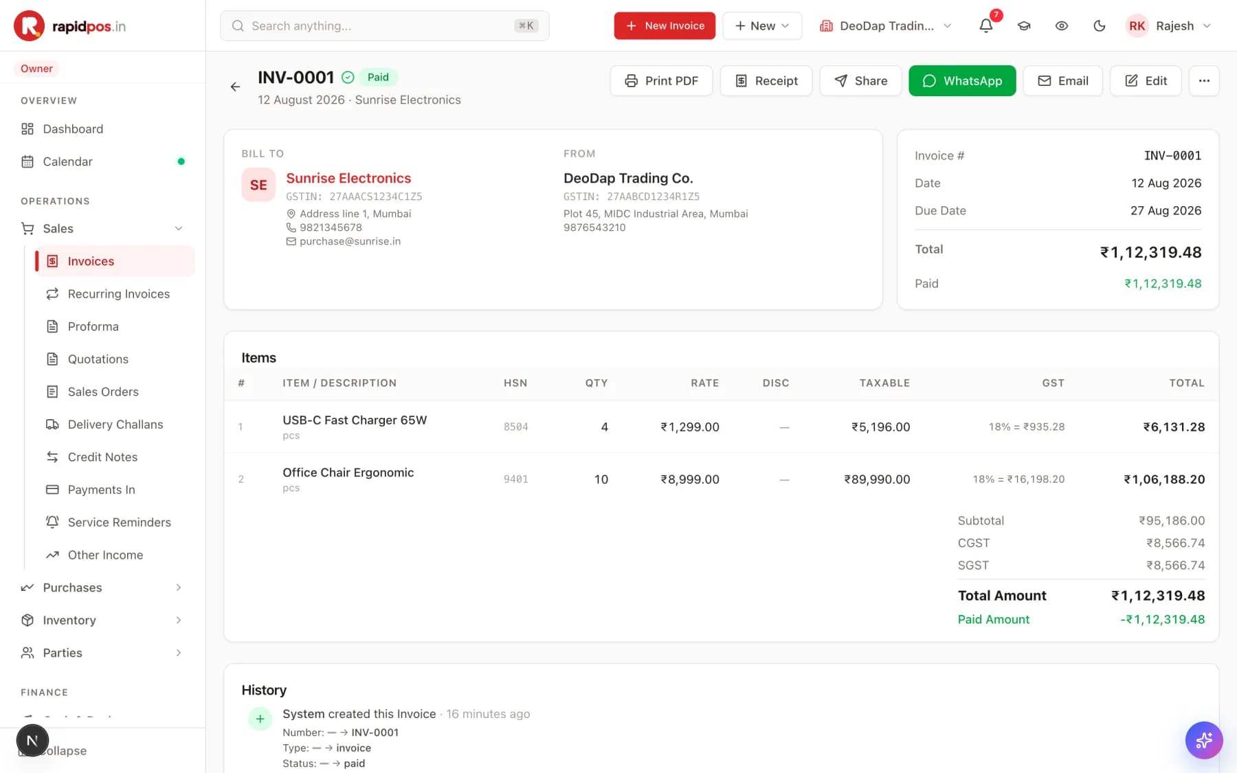 A saved invoice INV-0001 marked Paid, with Print PDF, Receipt, Share, WhatsApp, Email and Edit buttons across the top, billing details, an items table with HSN and GST columns, a totals block and a History timeline.