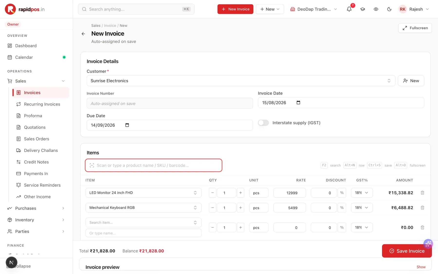 The New Invoice screen with a customer selected, invoice and due dates, an Interstate supply toggle, and an items table containing two products with quantity, rate, discount, GST percentage and amount columns. A Save Invoice button sits in the bottom bar.