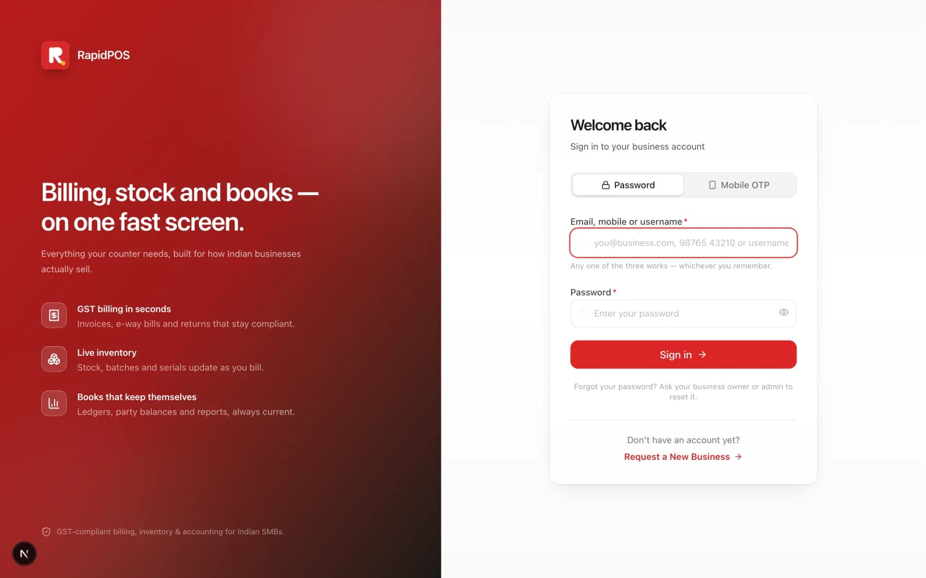 The RapidPOS sign-in screen: a red brand panel on the left, and a 'Welcome back' card on the right with Password and Mobile OTP tabs, a login field, a password field and a Sign in button.