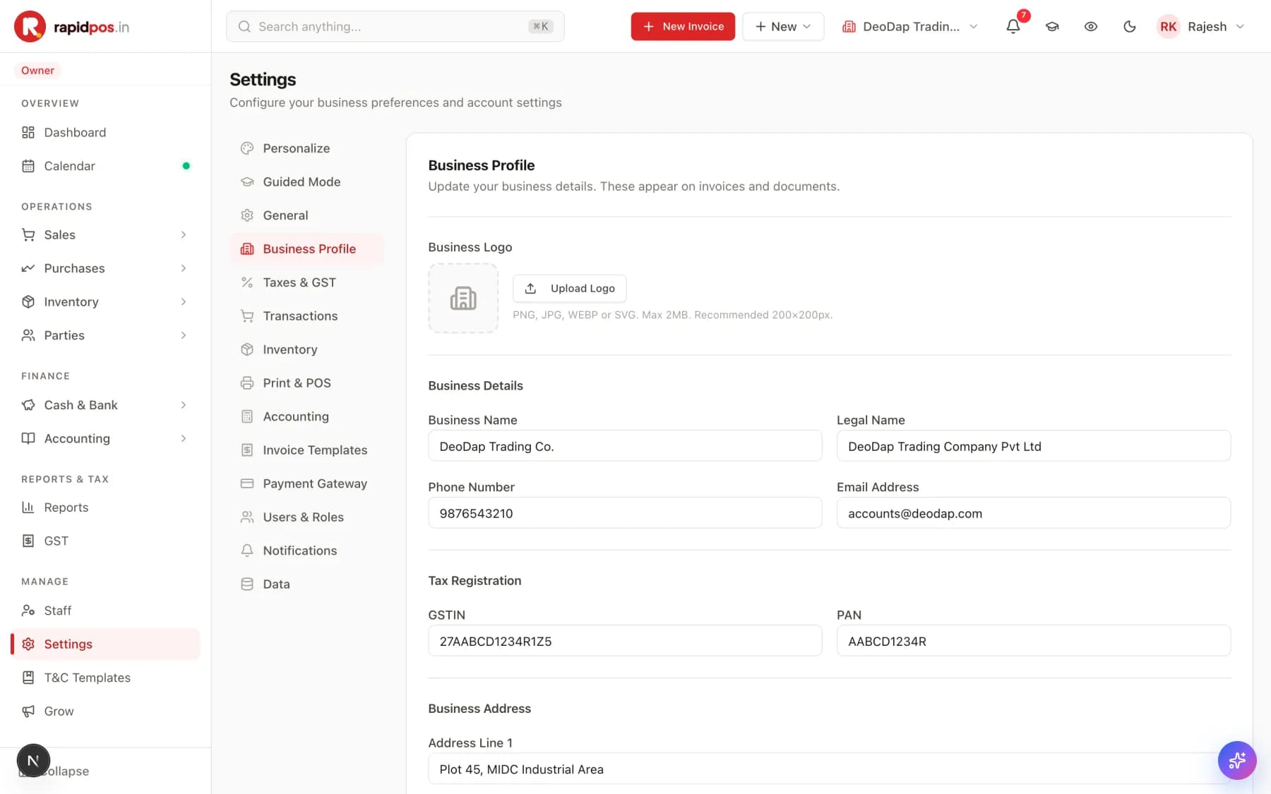 The Settings screen with a list of setting groups on the left (Personalize, General, Business Profile, Taxes & GST, Print & POS and more) and the Business Profile form on the right showing logo upload, business name, phone, email, GSTIN and PAN.