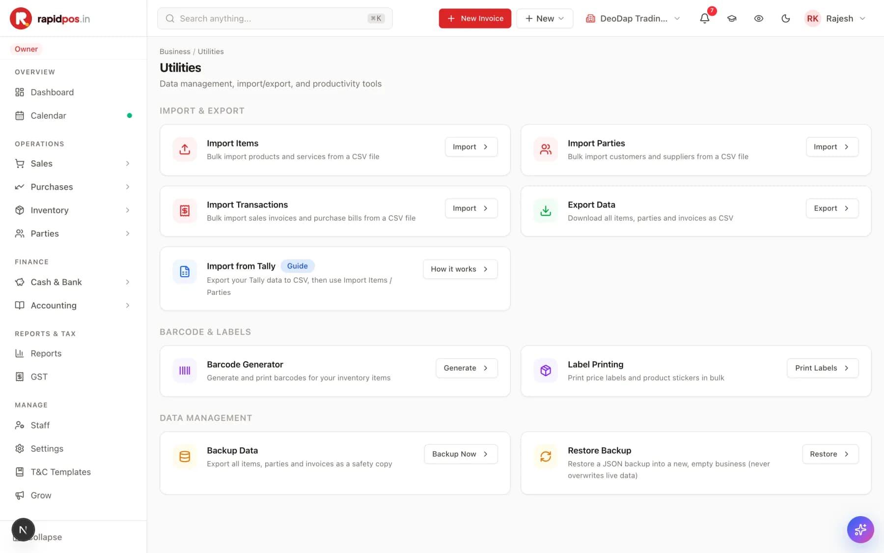 The Utilities screen grouped into Import & Export (Import Items, Import Parties, Import Transactions, Export Data, Import from Tally), Barcode & Labels (Barcode Generator, Label Printing) and Data Management (Backup Data, Restore Backup).