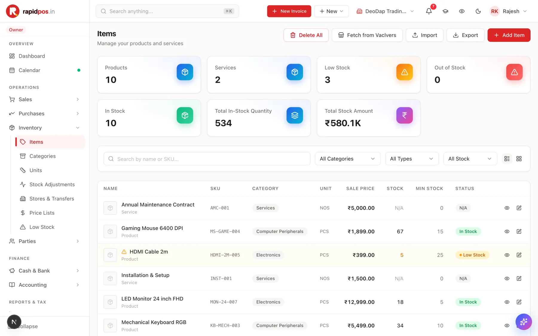 The RapidPOS items list: counts for products, services, low stock and total stock value above a table of items with SKU, category, sale price and live stock.